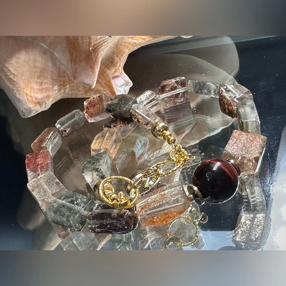 GOLDEN PHANTOM QUARTZ + TIGERS EYE STONES NATURAL NECKLACE - Picture 6 of 16